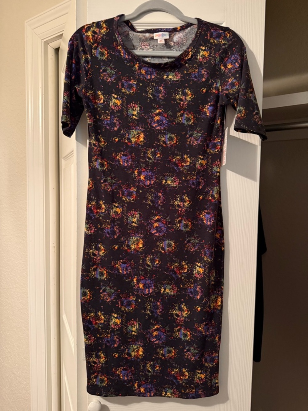 LuLaRoe Black Julia Dress with Purple and Yellow Floral Speckle